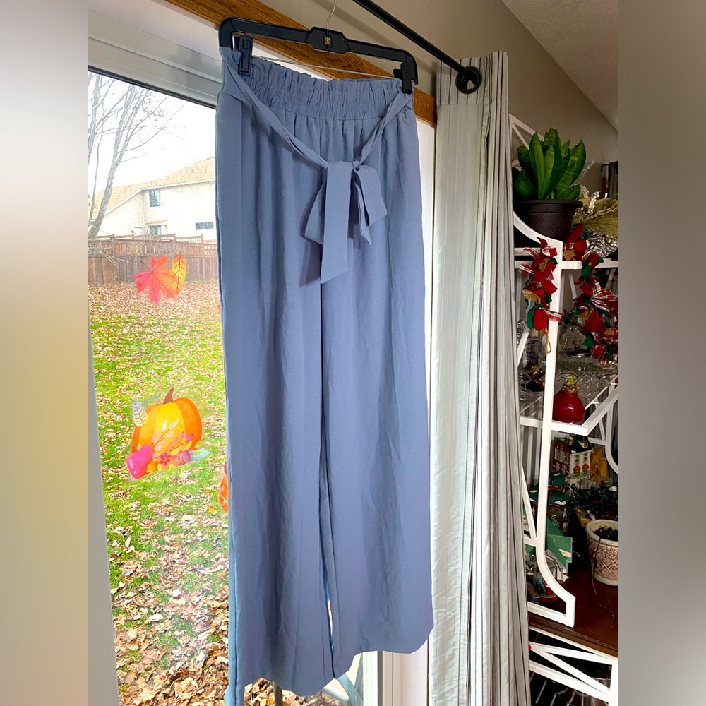 Blue flowy pants with tie belt